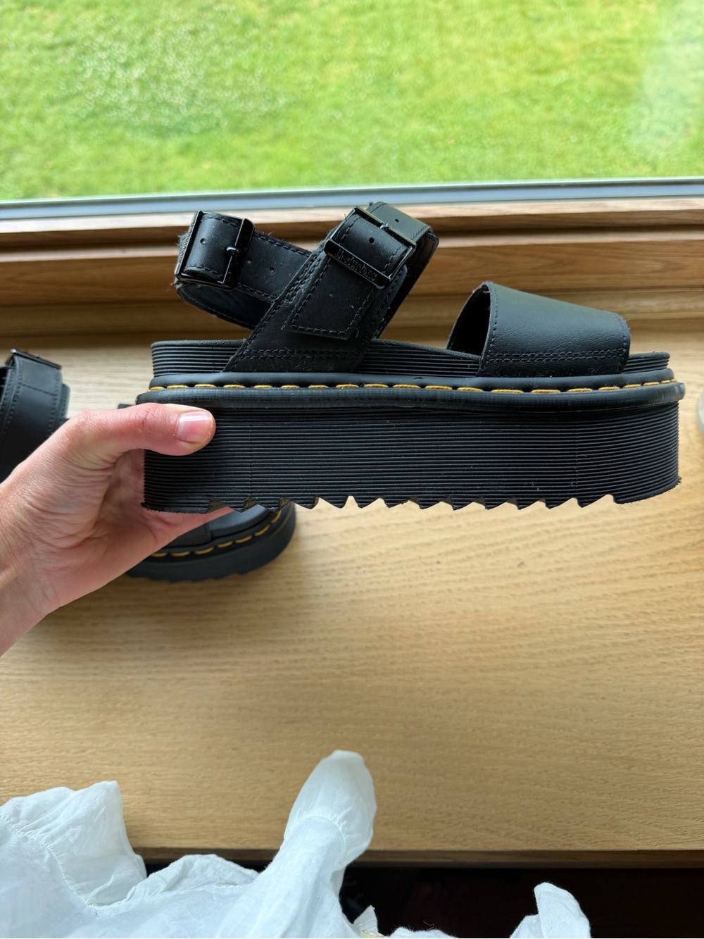 Dr. Martens Sandals  Voss Quad Black Platform. Yellow Stitching - Picture 3 of 11